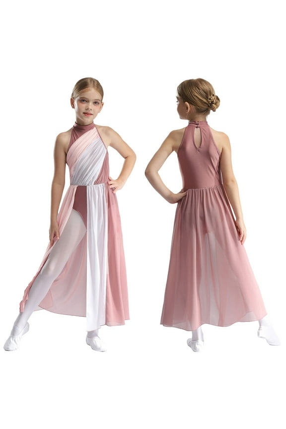 Lyrical Dance Dress for Girls Latin Jazz Dance Skirted Leotard Performance Contemporary Dancewear Dusty Pink 14