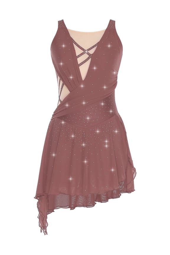 Lyrical Dance Dress for Women Sleeveless Irregular Skirt Leotard Dress for Figure Skating Competitions Coffee S