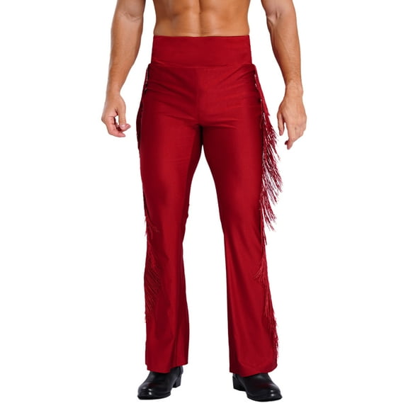Hansber Men High Waist Fringe Flared Pants Ballroom Dance Pants Modern Dance Pants Disco Trousers Burgundy M