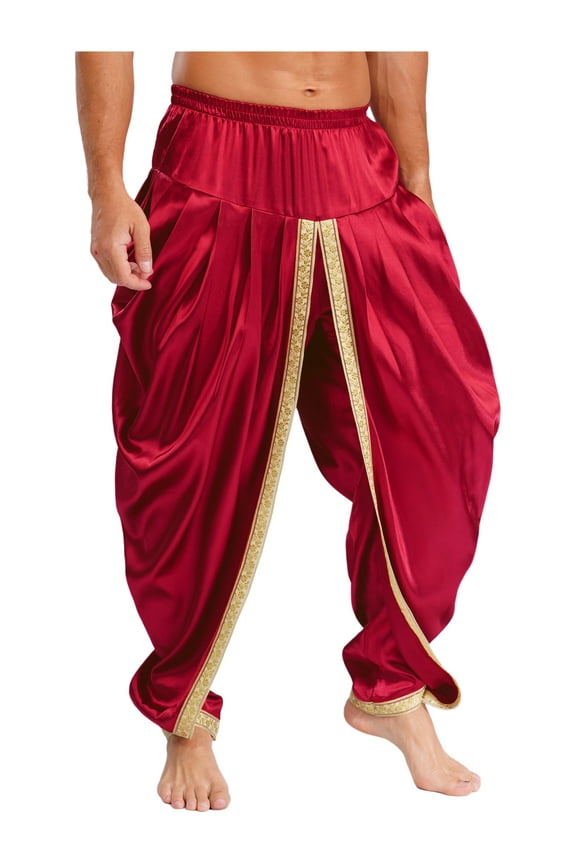Men India Satin Dhoti Pants Ruffle Elastic Waistband Draped Baggy Pant For Hippie Yoga Burgundy M