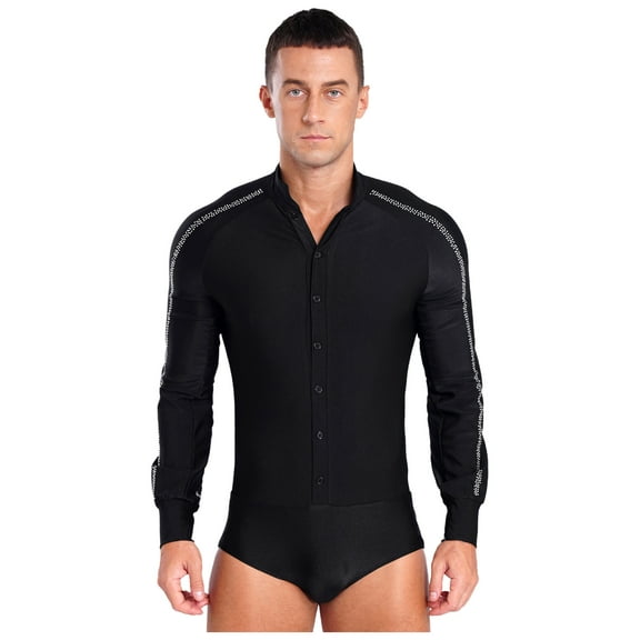 Hansber Men Sparkly Rhinestones Latin Dance Shirt Ballroom Dance Shirt Stand Collar Button Down Leotard Black M