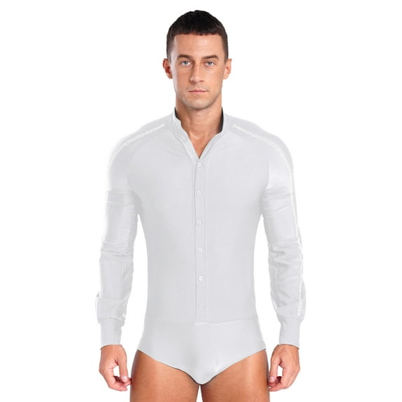Hansber Men Sparkly Rhinestones Latin Dance Shirt Ballroom Dance Shirt Stand Collar Button Down Leotard White XXL