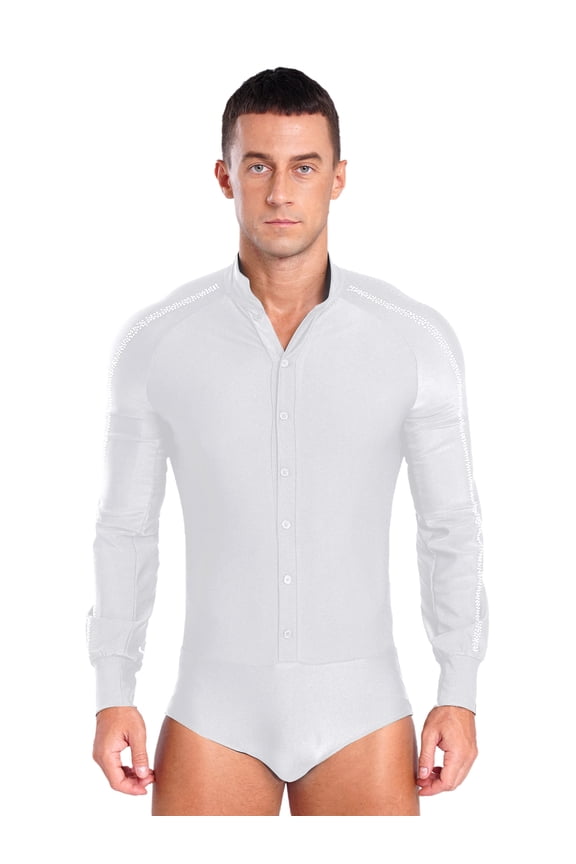 Men Sparkly Rhinestones Latin Dance Shirt Ballroom Dance Shirt Stand Collar Button Down Leotard White XXL