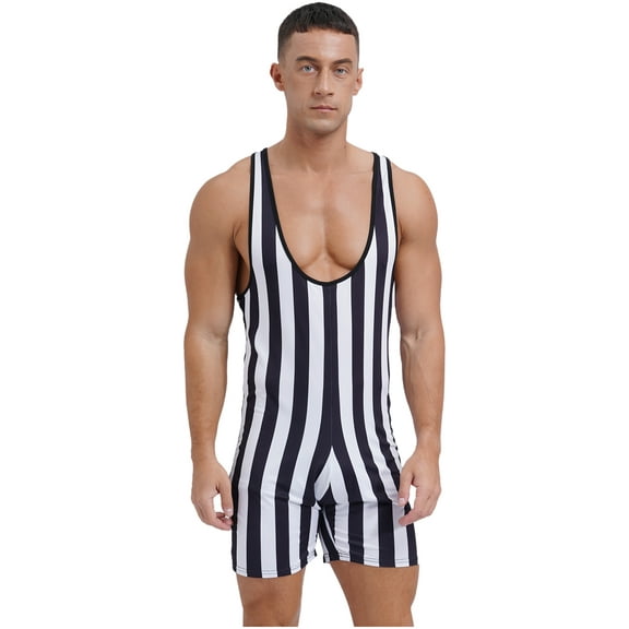 Hansber Men Striped Bodysuit Wrestling Singlet Active Jumpsuit Base Layers Athletic Supporters Leotard Black 3XL