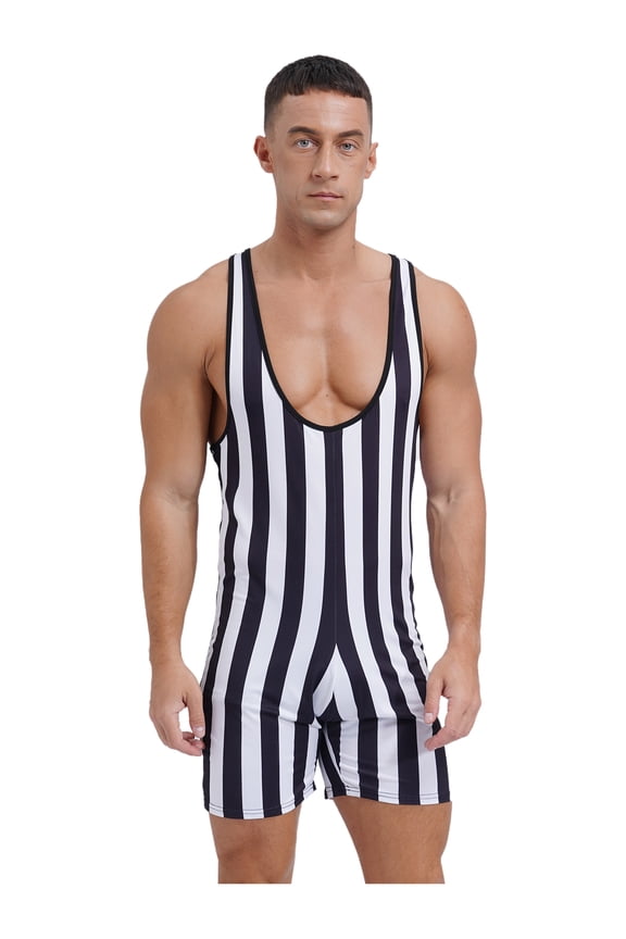 Men Striped Bodysuit Wrestling Singlet Active Jumpsuit Base Layers Athletic Supporters Leotard Black XL