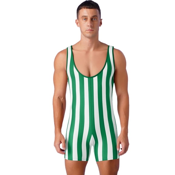 Hansber Men Striped Bodysuit Wrestling Singlet Active Jumpsuit Base Layers Athletic Supporters Leotard Green M