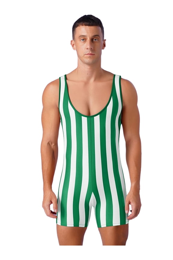 Men Striped Bodysuit Wrestling Singlet Active Jumpsuit Base Layers Athletic Supporters Leotard Green S