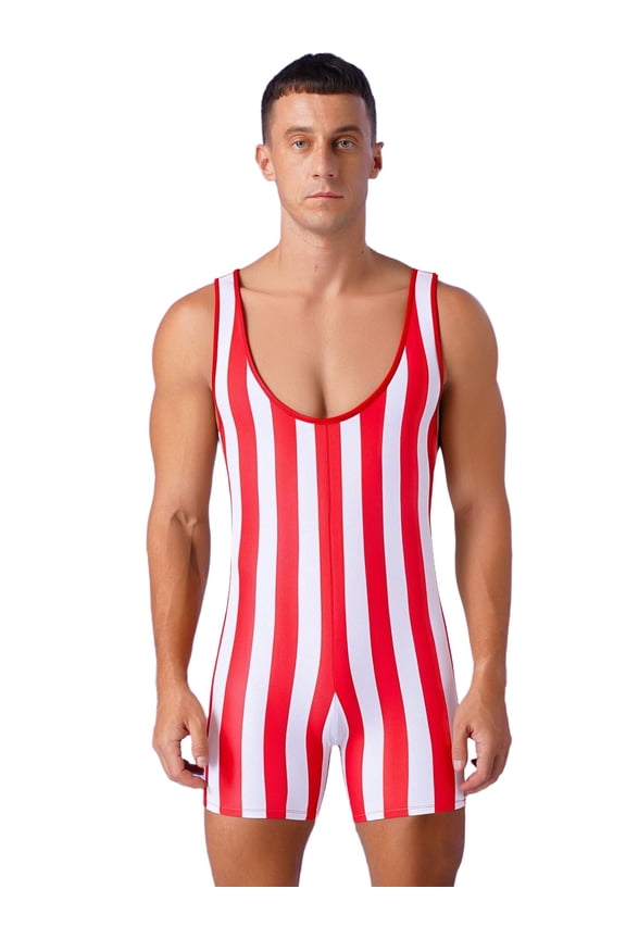 Men Striped Bodysuit Wrestling Singlet Active Jumpsuit Base Layers Athletic Supporters Leotard Red&White L