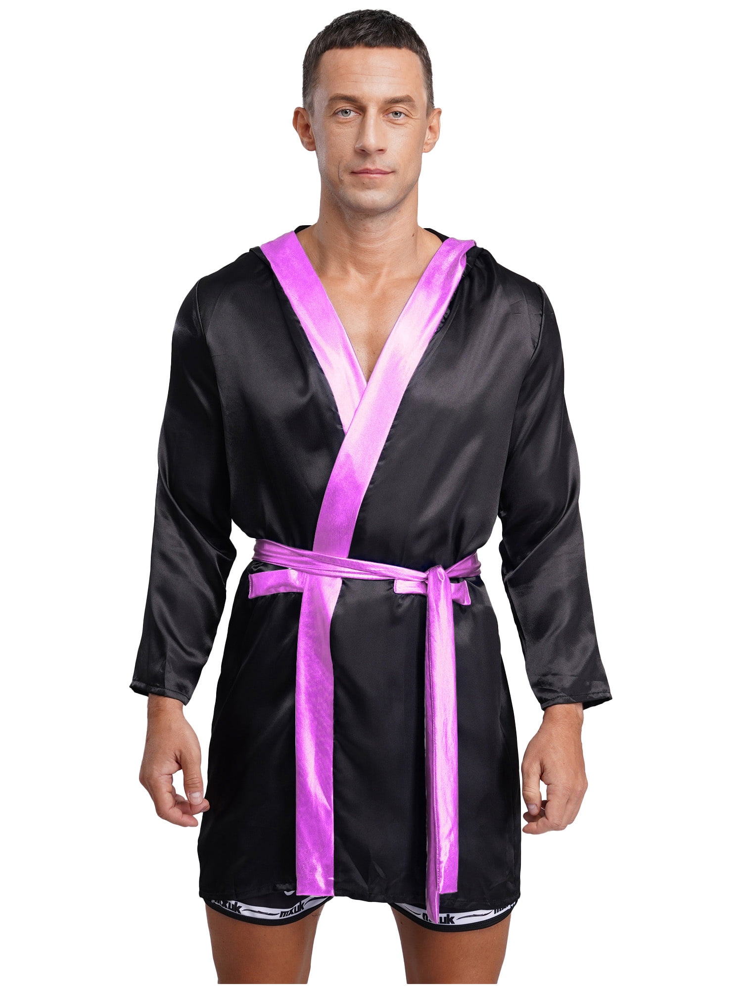 Pink Boxer Robe Hansber Men's Bathrobes Long Sleeves Boxing Robes with Hood Smoking ...