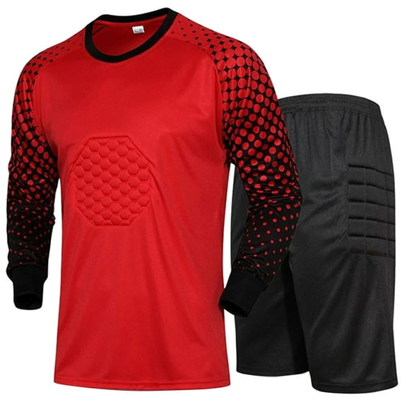Hansber Men's Football Goalkeeper Jersey Outfits Soccer Goalie Uniform Padded Protective T-Shirt with Red M