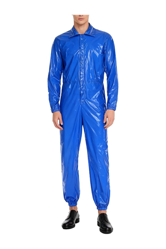 Men's Long Sleeve Zipper Glossy Shiny Jumpsuit Mechanic Coveralls Workwear Uniform Blue S