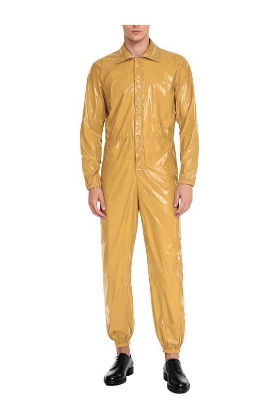 Men's Long Sleeve Zipper Glossy Shiny Jumpsuit Mechanic Coveralls Workwear Uniform Khaki S