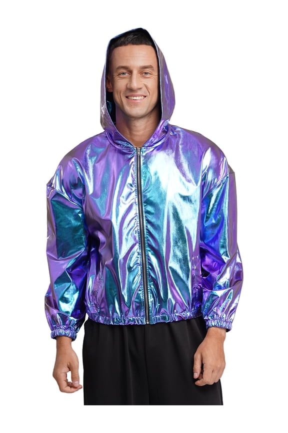 Men's Metallic Jacket Hip Hop Futuristic Rave Party Lightweight Zip Up Holographic Hoodies Blue M