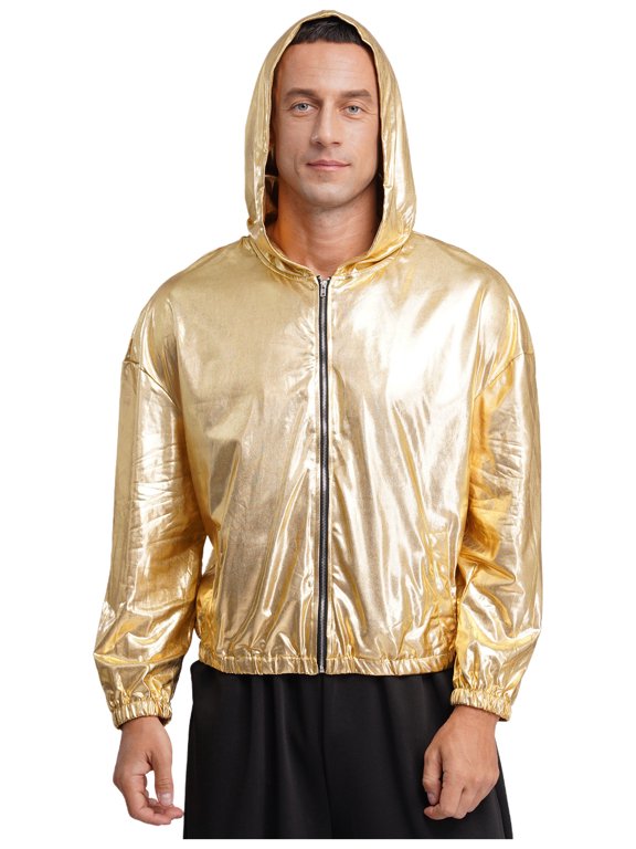Men's Metallic Jacket Hip Hop Futuristic Rave Party Lightweight Zip Up Holographic Hoodies Gold L
