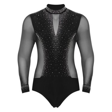 FEESHOW Herren Langarm Hemd Glänzend Strass Latein Rumba Tanz Shirt Top Bodysuit
