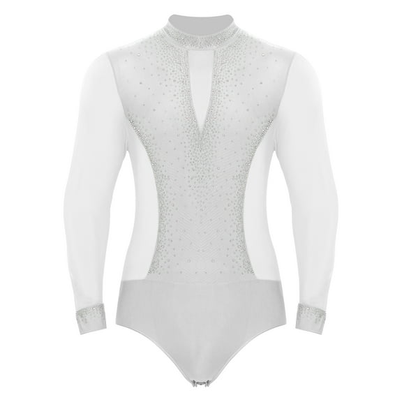 Hansber Men's Mock Neck Long Sleeve Latin Dance Leotard Shirt Ballroom Samba Latin Dance Bodysuit Top White S