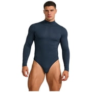 Hansber Mens Mock Turtleneck Shirts Basic Long Sleeve Bodysuit Button Crotch Undershirts Romper Dance Leotard Blue L