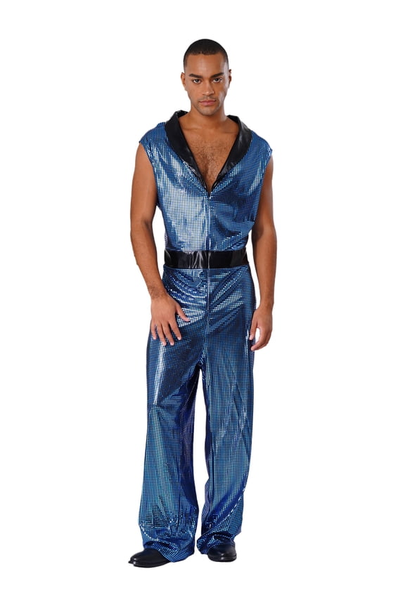 Men's Retro 70s Outfit Disco Dance Jumpsuit Sleeveless V Neck Hippie Style Bodysuit for Stage Blue XL