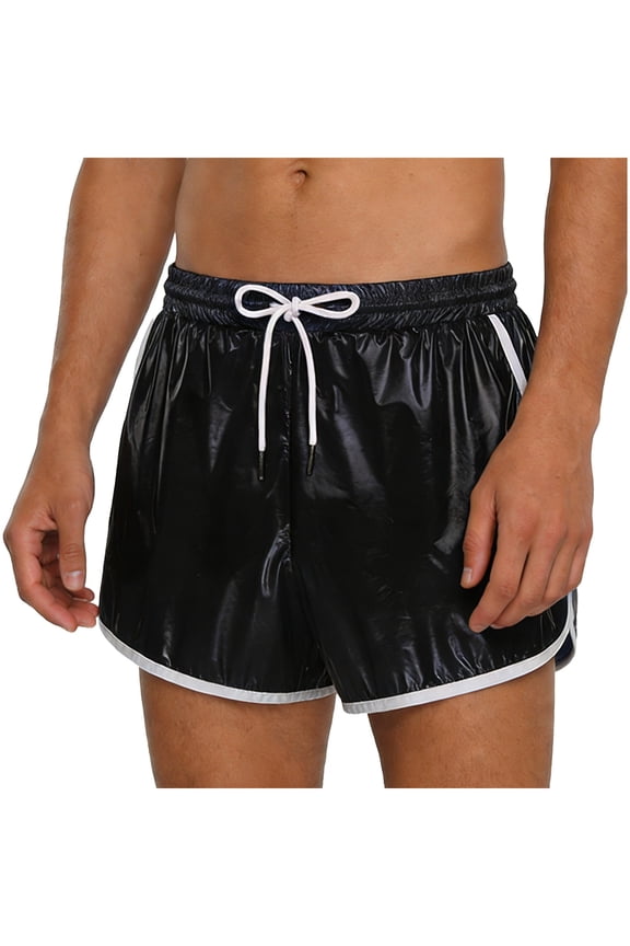 Men's Shiny Metallic Swim Trunks Drawstring Elastic Waistband Holographic Shorts Rave Dance Bottoms Black M
