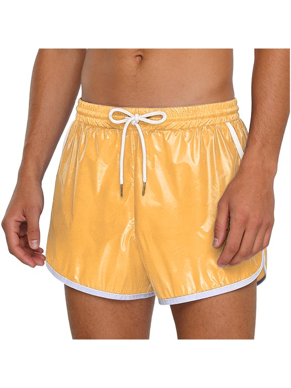 Men's Shiny Metallic Swim Trunks Drawstring Elastic Waistband Holographic Shorts Rave Dance Bottoms Khaki XXL