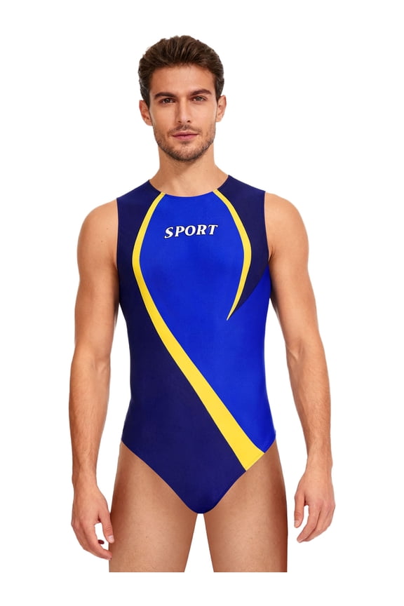 Men's Sleeveless Color Block Gymnastics Leotard Wrestling Singlets Workout Sports Bodysuit Activewear Blue XL