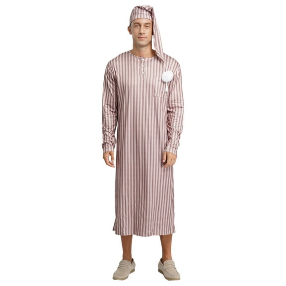 Hansber Men's Soft Striped Nightgown Robe with Sleeping Cap Kaftan Thobe Set Nightwear Sleepwear Coffee M