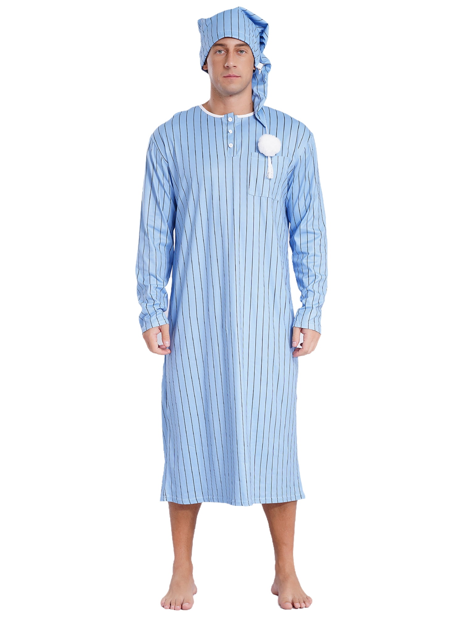 Hansber Men's Soft Striped Nightgown Robe with Sleeping Cap Kaftan ...