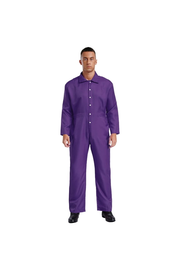 Men's Turn-down Collar Coveralls Workwear Blend Work Heavy Duty One Piece Jumpsuit Purple XL