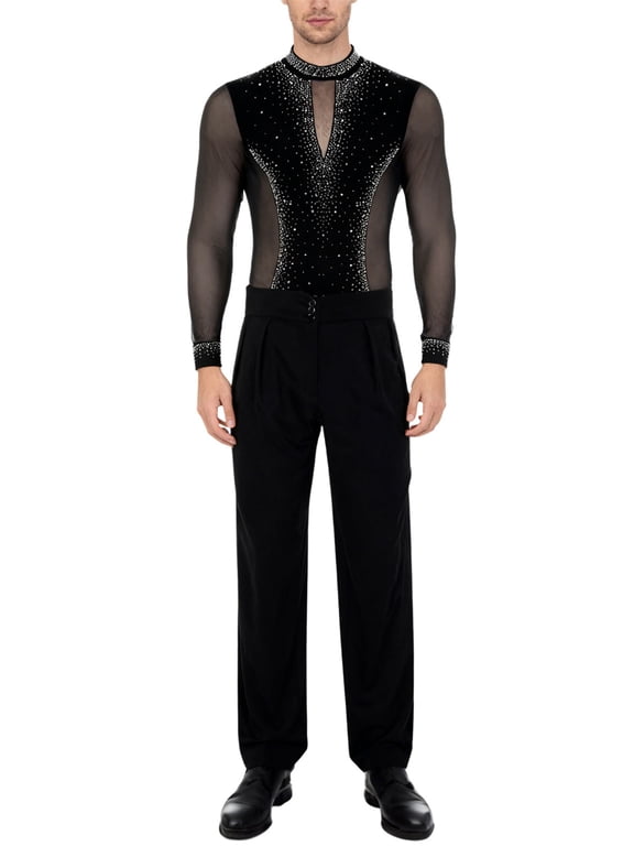 Mens 2Pcs Latin Dance Outfits Gymnastics Leotard Shirt Bodysuit with Pants Set Black S
