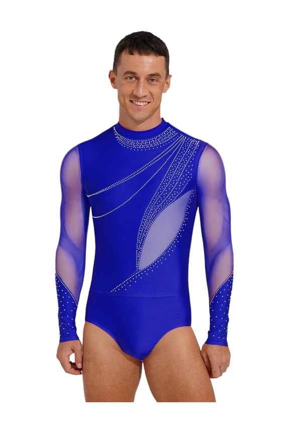 Mens Latin Dance Leotard Shirt Rhinestones Long Sleeve Bodysuit for Ballet Jazz Ballroom Cha-cha Tango Royal Blue M