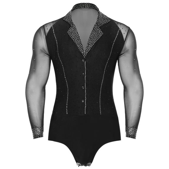 Hansber Mens Latin Tango Ballroom Dance Leotard Lapel Collar Sheer Mesh Patchwork Long Sleeve Sparkly Rhinestone Bodysuit Black L
