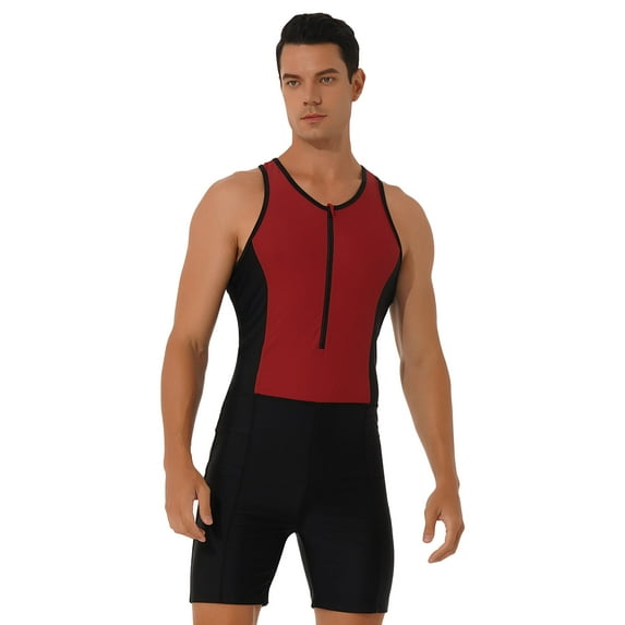 Hansber Mens One Piece Swimsuit Swimwear Athletic Spandex Jumpsuit Unitard Front Zipper Shorty Red L
