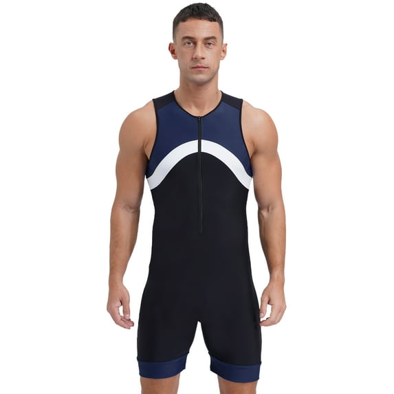 Hansber Mens One Piece Swimsuit Zipper Bodysuit Sun Protection Rash Guard Surfing Suit Swimwear Navy Blue L