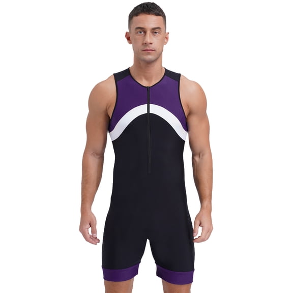 Hansber Mens One Piece Swimsuit Zipper Bodysuit Sun Protection Rash Guard Surfing Suit Swimwear Purple XL