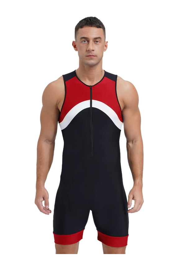 Mens One Piece Swimsuit Zipper Bodysuit Sun Protection Rash Guard Surfing Suit Swimwear Red L