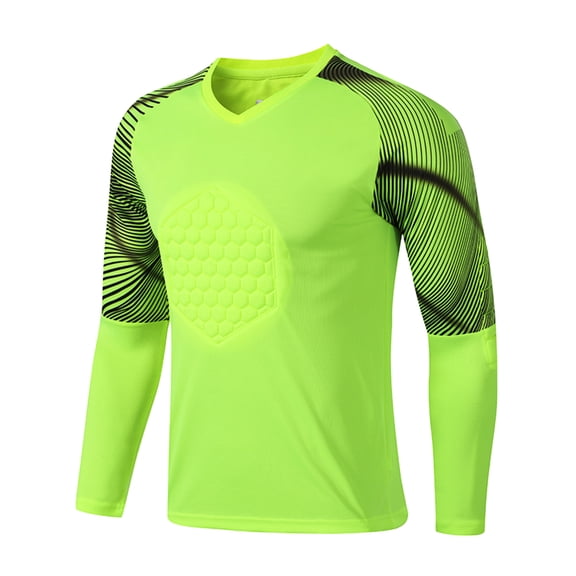 Hansber Mens Padded Goalie Shirt Goalkeeper Jersey Uniform Stylish Striped Long Sleeve Football Fluorescent Green L