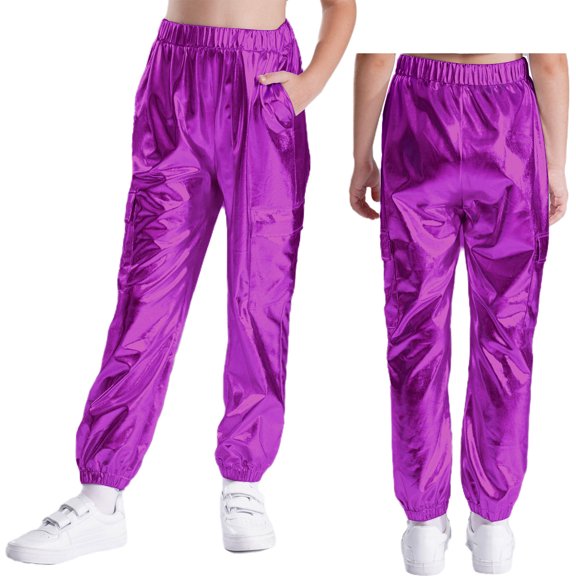 Hansber Metallic Cargo Pants for Girls Boys Hip Hop Dance Multi-Pocket Sweatpants Active Joggers Pants Purple 10