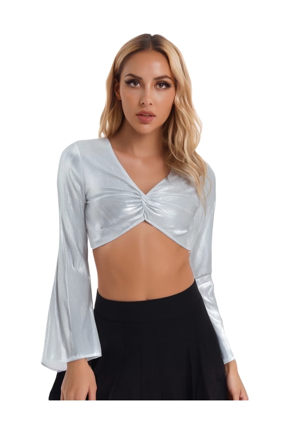 Metallic Shiny Belly Dance Bra Top for Women Flared Sleeved V-Neck Crop Top Disco 70s Party Club Wear Silver 3XL