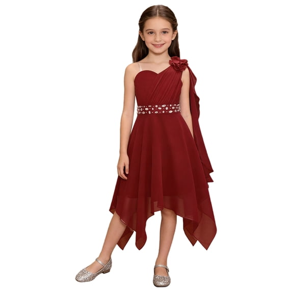 Hansber One Shoulder Asymmetrical Flower Girls Dress Juniors Bridesmaid Chiffon Wedding Pageant Party Gown Burgundy 8
