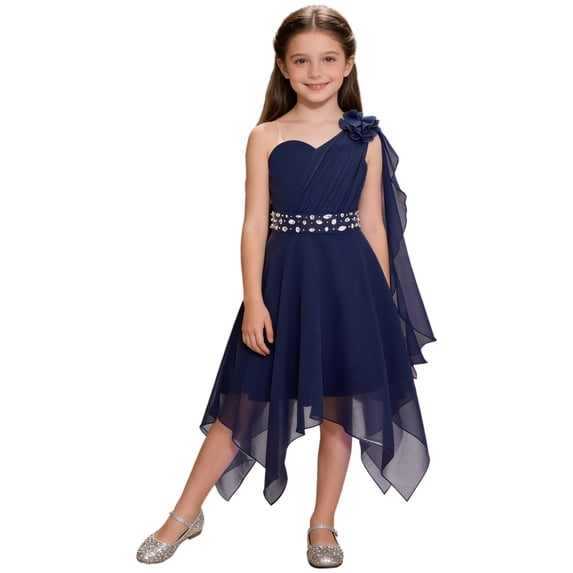 Hansber One Shoulder Asymmetrical Flower Girls Dress Juniors Bridesmaid Chiffon Wedding Pageant Party Gown Navy Blue 10