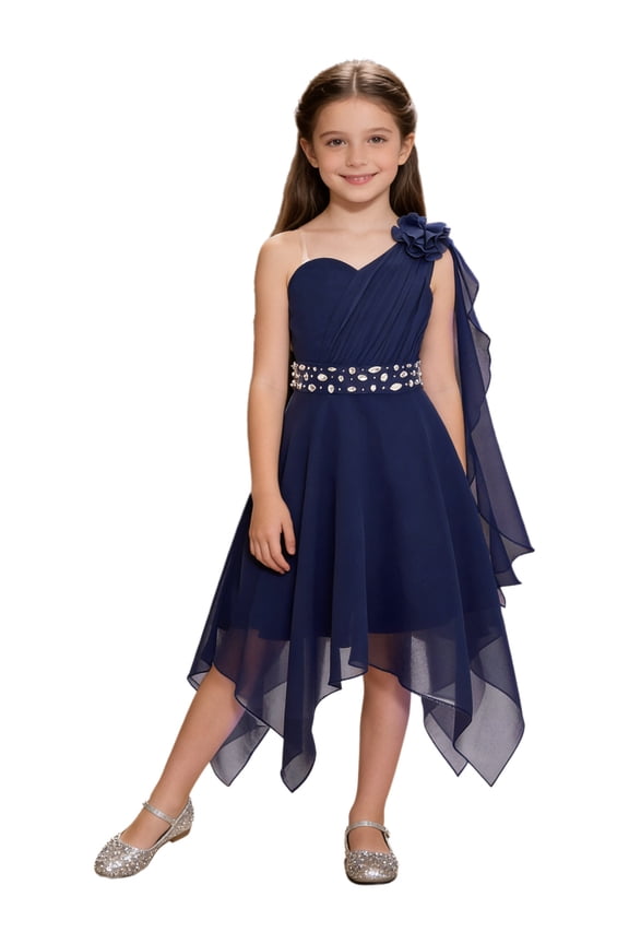 One Shoulder Asymmetrical Flower Girls Dress Juniors Bridesmaid Chiffon Wedding Pageant Party Gown Navy Blue 6