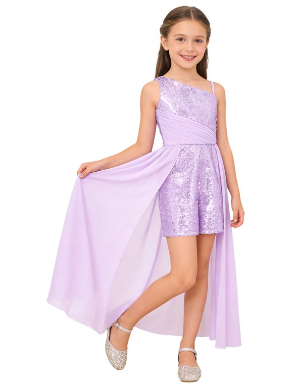 Sequin Romper Dress One Shoulder Sleeveless Flower Girls Wedding Party Pageant Gowns Lavender 6