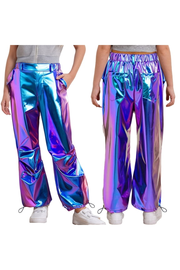Shiny Metallic Dance Pants for Girls Hip Hop Jazz Dance Performance Trousers with Drawstring Blue 6