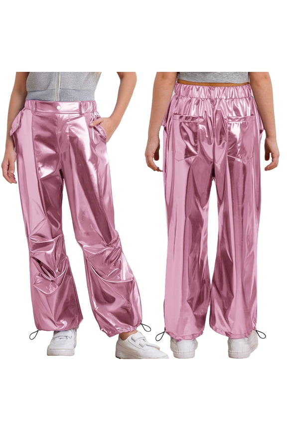 Shiny Metallic Dance Pants for Girls Hip Hop Jazz Dance Performance Trousers with Drawstring Pink 6
