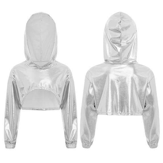 Hansber Shiny Metallic Hooded Crop Top for Girls Hip Hop Jazz Dance Shirt Cropped Hoodie Sweatshirts Silver 16