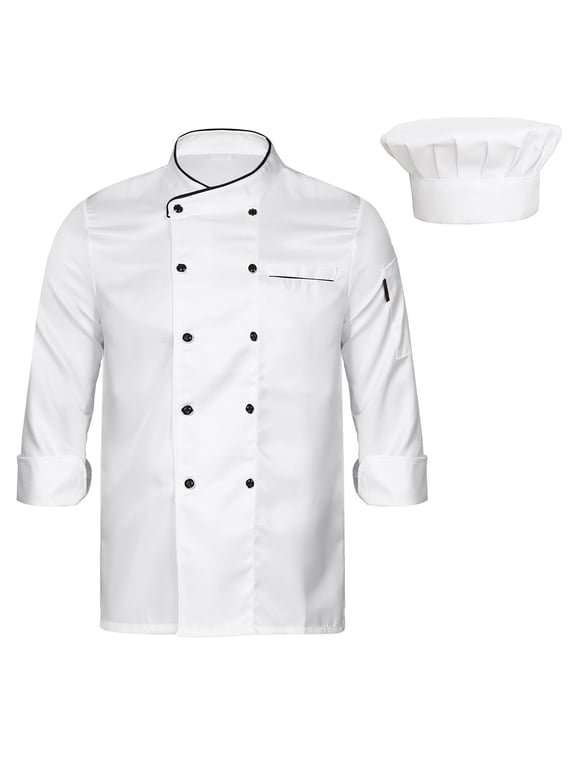 Short/Long Sleeve Chef Coat for Men Women Double-Breasted Chef Jacket Cook Shirt Workwear White Long Sleeve M