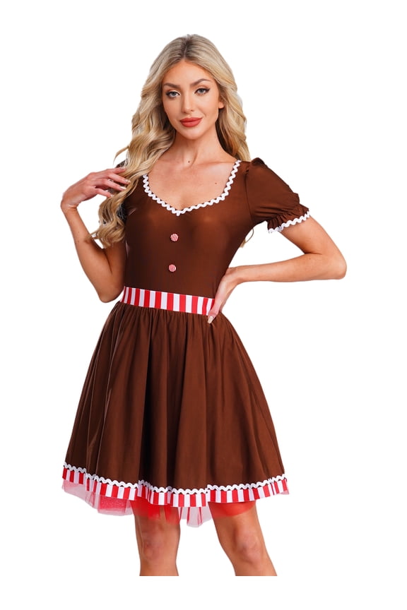 Short Puff Sleeve Gingerbread Man Dress for Women Holiday Party Tutu Dress Dancewear Brown XXL