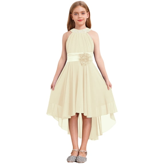 Hansber Sleeveless Wedding Flower Girls Dress High-Low Pleated Chiffon Junior Bridesmaid Dresses Formal Party Gowns Champagne 10