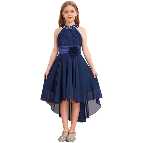 Hansber Sleeveless Wedding Flower Girls Dress High-Low Pleated Chiffon Junior Bridesmaid Dresses Formal Party Gowns Navy Blue 8