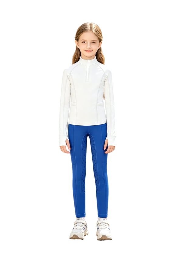 Sports Girls Equestrian Outfit 2-Piece Kids Equestrian Shirt & Breeches Horse Riding Set White Blue 12